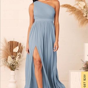 Lulus Lovely Endings Dusty Blue One Shoulder Pleated Maxi Dress